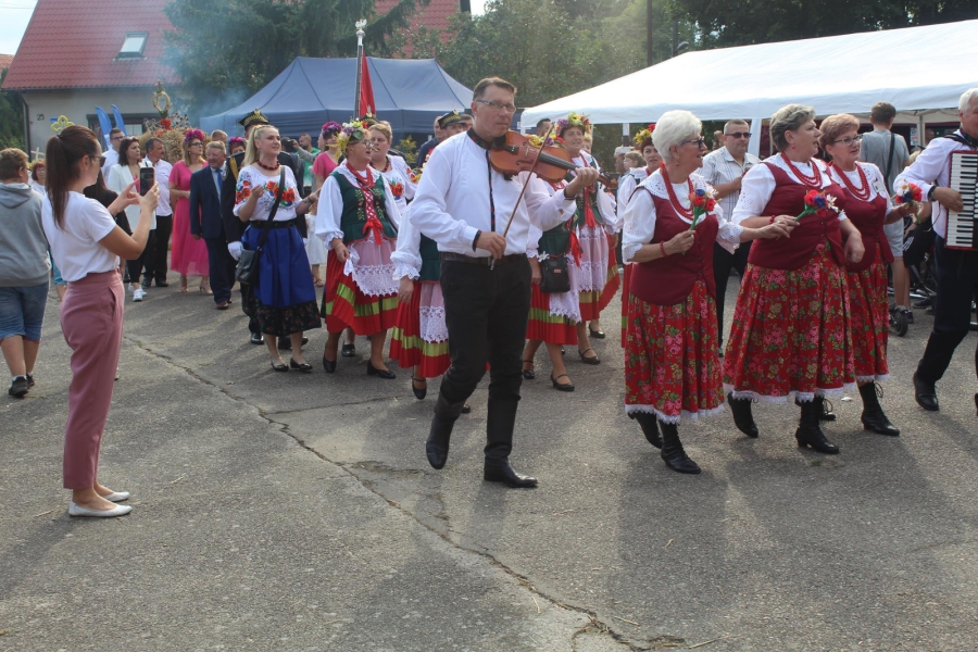 3.Pan grający na skrzypcach idący z tłumem ludzi w strojach ludowych