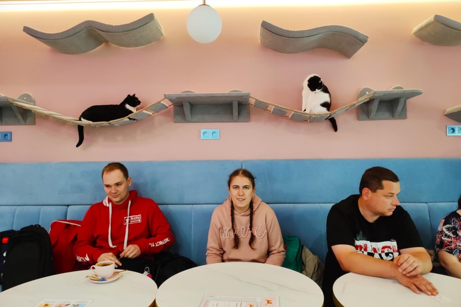 4.Trójka uczestników siedzących przy kawiarnianych stołach na tle bawiących się kotów