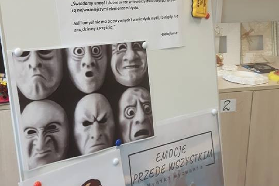 Tablica z plakatami przedstawiającymi emocje.