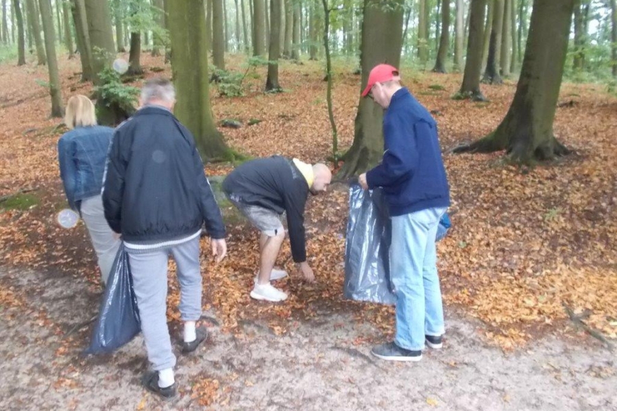Uczestnicy zbierający śmieci do worków w lesie