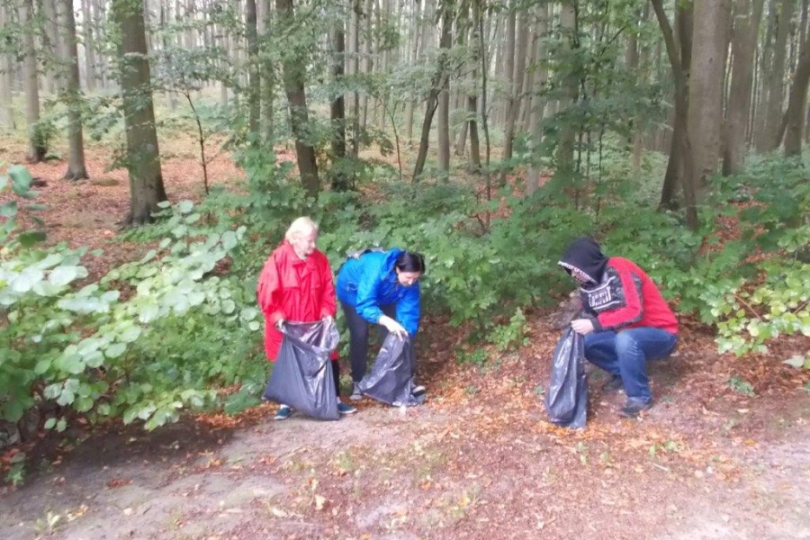 Uczestnicy wraz z terapeutką zbierający śmieci do worków w lesie