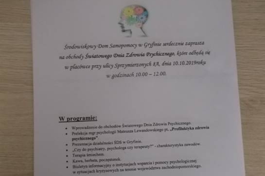 Plakat Światowego Dnia Zdrowia Psychicznego z harmonogramem