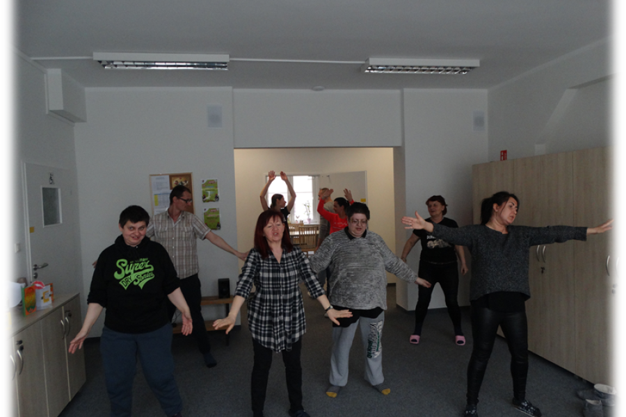 Grupa uczestników w trakcie ćwiczeń z układem tanecznym